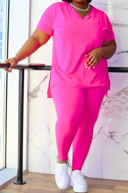 hot pink short sleeve v-neck shirt and matching leggings
