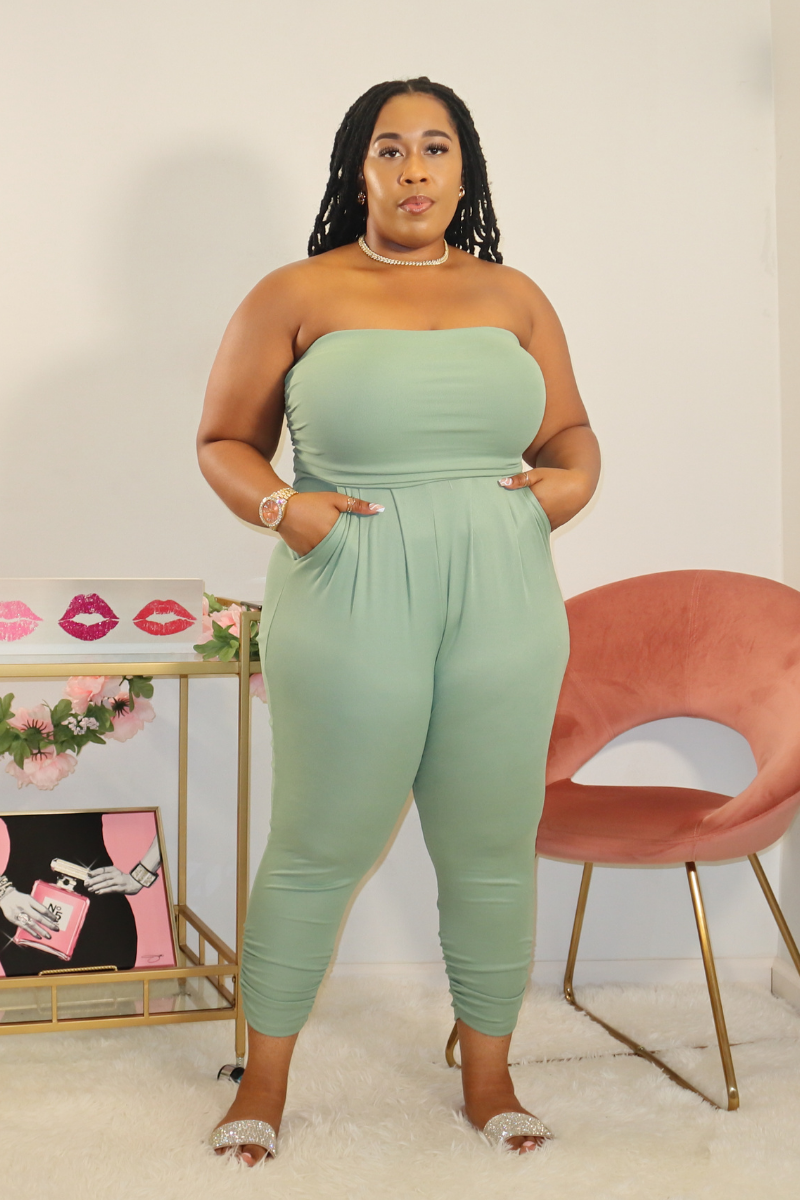 In The Moment Ruched Tube Jumpsuit (Sage)